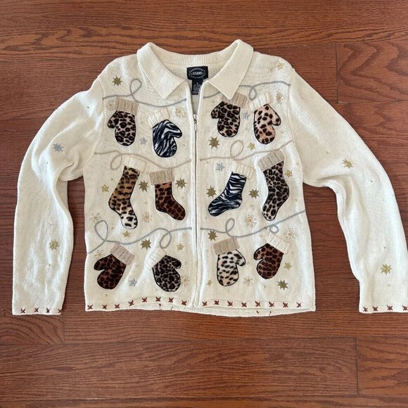 Christmas Animal Print Leopard Cheetah Stocking Full Zip Cardigan Size Medium - Picture 2 of 10